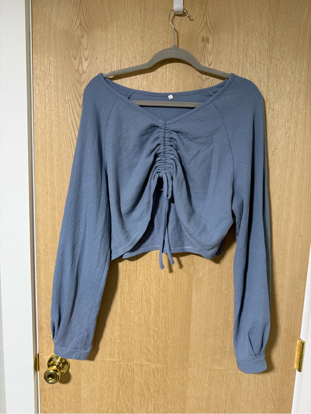 SHEIN Slate Blue Ribbed Ruched Front Long Sleeve Crop Top
